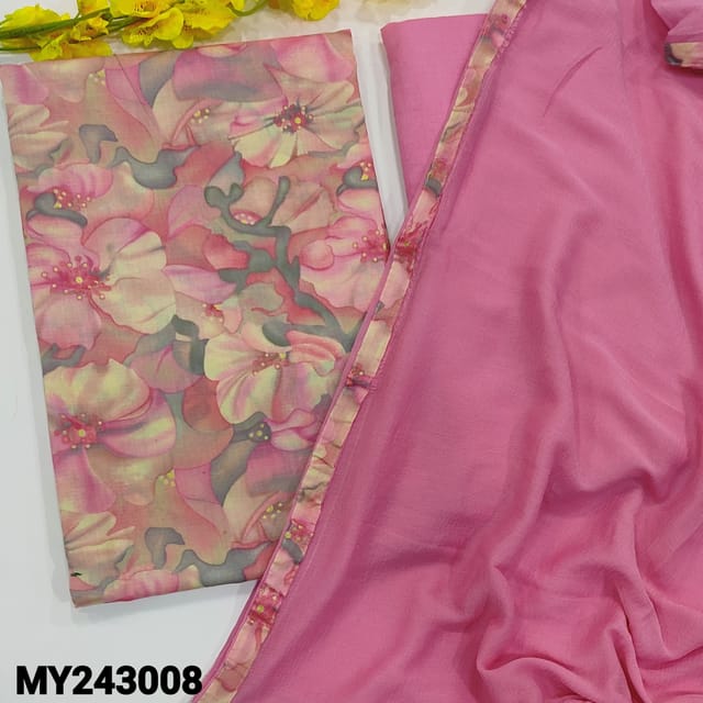 CODE MY243008 : Pink floral printed premium satin cotton unstitched salwar material(lining optional)matching drum dyed cotton bottom, plain chiffon dupatta with tapings.