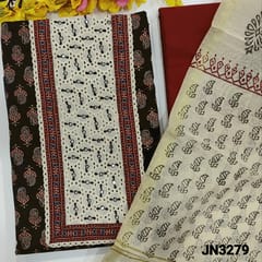 CODE JN3279 : Black Printed Pure Cotton Unstitched Salwar material (thin fabric lining optional) with foil detailing and thread work on yoke, printed all over, Maroon Cotton Bottom, Block printed fancy silk cotton dupatta with tapings