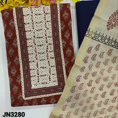 CODE JN3280 : Dark Maroon Printed Pure Cotton Unstitched Salwar material (thin fabric lining optional) with foil detailing and thread work on yoke, printed all over, Navy Blue Cotton Bottom, Block printed fancy silk cotton dupatta with tapings