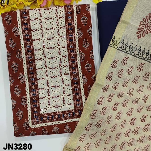 CODE JN3280 : Dark Maroon Printed Pure Cotton Unstitched Salwar material (thin fabric lining optional) with foil detailing and thread work on yoke, printed all over, Navy Blue Cotton Bottom, Block printed fancy silk cotton dupatta with tapings