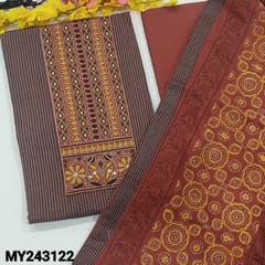 CODE MY243122 : Mauve kantha pure cotton unstitched salwar material, embroidered on yoke(lining optional)embroidered daman border, light maroon pure soft cotton bottom, block printed pure cotton dupatta with tapings.