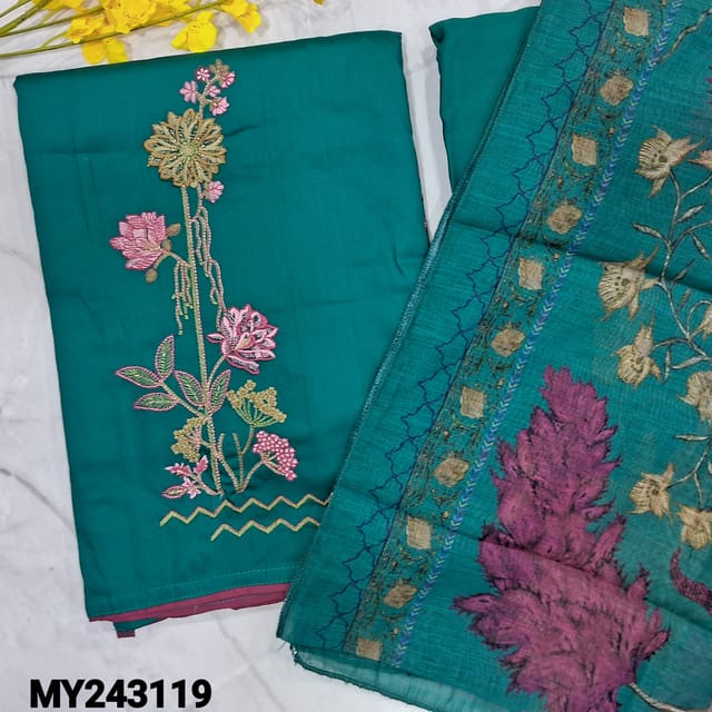 CODE MY243119 : Turquoise green satin cotton unstitched salwar material, embroidered on panel design(lining optional)piping on daman, matching spun cotton bottom, printed semi linen dupatta.