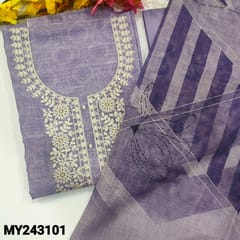 CODE MY243101 : Lavender designer premium linen unstitched salwar material, embroidered, sequins& pearl buttons on yoke(textured fabric, lining needed)matching drum dyed pure cotton bottom, premium kota dupatta with silver tissue borders.