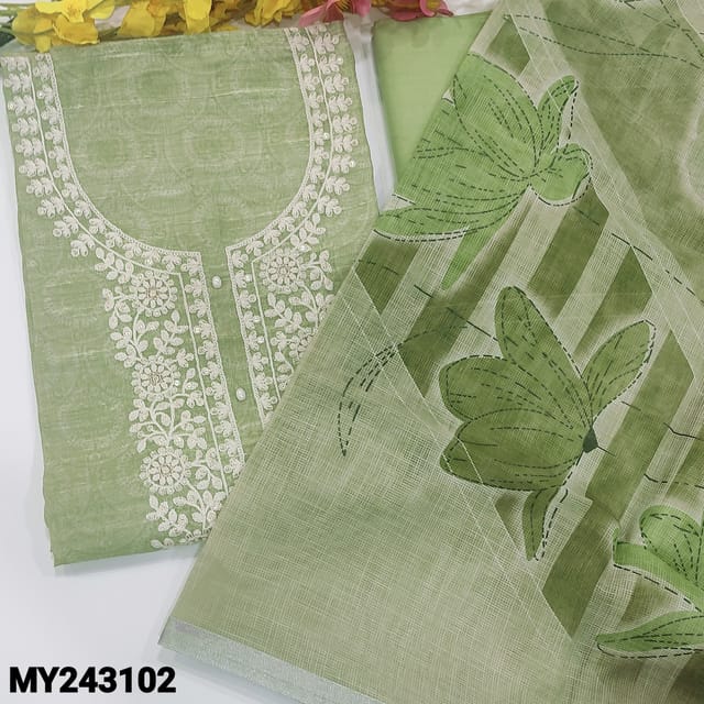 CODE MY243102 : Pastel green designer premium linen unstitched salwar material, embroidered, sequins& pearl buttons on yoke(textured fabric, lining needed)matching drum dyed pure cotton bottom, premium kota dupatta with silver tissue borders.