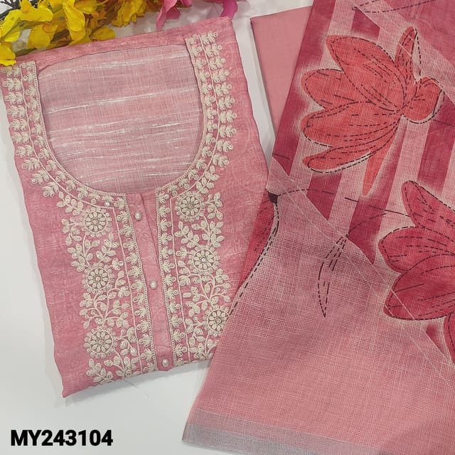 CODE MY243104 : Pastel pink designer premium linen unstitched salwar material, embroidered, sequins& pearl buttons on yoke(textured fabric, lining needed)matching drum dyed pure cotton bottom, premium kota dupatta with silver tissue borders.