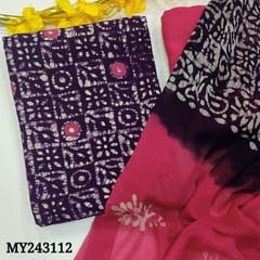 CODE MY243112 : Dark purple modal cotton unstitched salwar material, original wax batik all over(lining needed)pink original wax batik modal cotton bottom, dual shaded pure chiffon dupatta(REQUIRES TAPIGS).