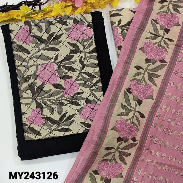 CODE MY243126 : black pure cotton unstitched salwar material, pink floral printed yoke patch with stitch detailing, hakoba work on front(thin fabric, lining needed)printed cotton bottom,  pink printed pure cotton dupatta.