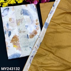 CODE MY243132 : Half white semi linen unstitched salwar material, floral printed all over, yoke with thread &foil work(lining needed)dark beige spun cotton bottom, soft silk cotton dupatta with thread sequins work &printed tapings.
