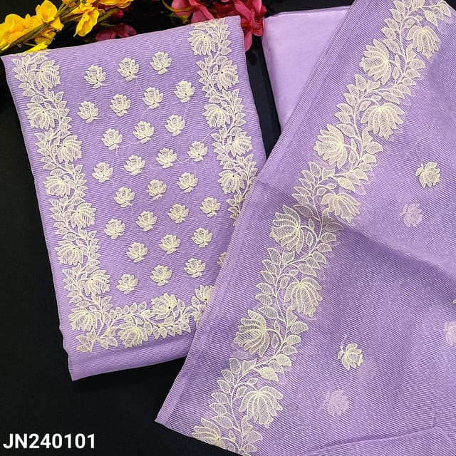 CODE JN240101 : Lavender noil fabric unstitched salwar material, embroidered on yoke(netted fabric, lining needed)matching silky provided for both bottom& lining, embroidered noil fabric dupatta.