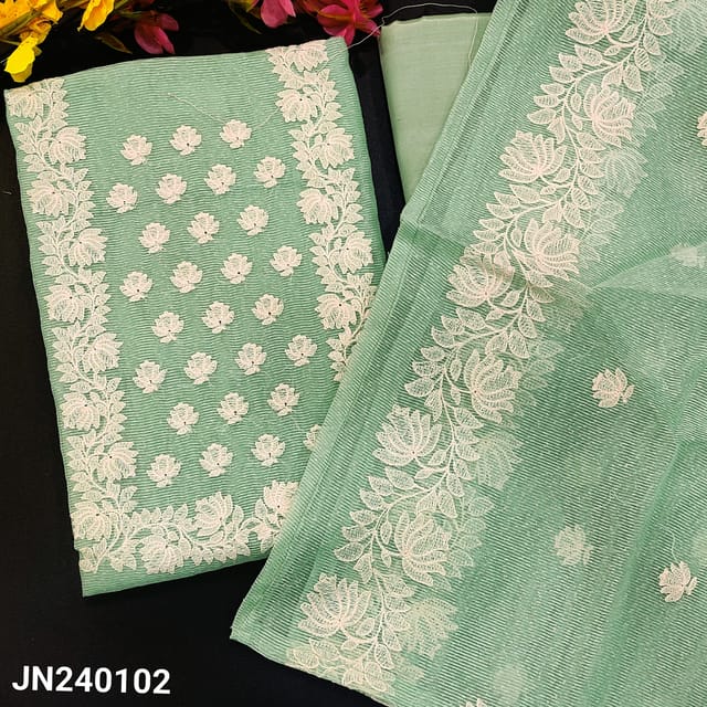 CODE JN240102 :Pastel green noil fabric unstitched salwar material, embroidered on yoke(netted fabric, lining needed)matching silky provided for both bottom& lining, embroidered noil fabric dupatta.