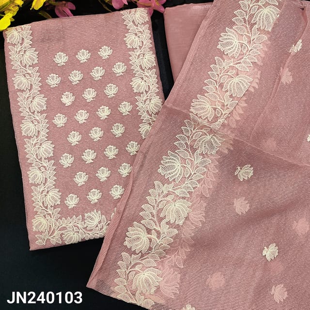 CODE JN240103 : Light onion pink noil fabric unstitched salwar material, embroidered on yoke(netted fabric, lining needed)matching silky provided for both bottom& lining, embroidered noil fabric dupatta.