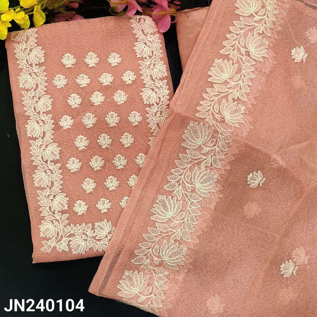 CODE JN240104 : Pastel peach noil fabric unstitched salwar material, embroidered on yoke(netted fabric, lining needed)matching silky provided for both bottom& lining, embroidered noil fabric dupatta.