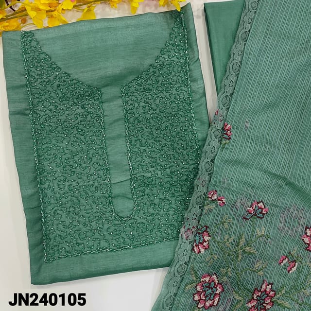 CODE JN240105 : Paste blue fancy silk cotton unstitched salwar material, heavy bead work on yoke(silky fabric, lining needed)matching silky bottom, kota dupatta with cross stitch embroidery.