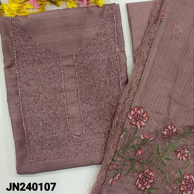CODE JN240107 : Mauve fancy silk cotton unstitched salwar material, heavy bead work on yoke(silky fabric, lining needed)matching silky bottom, kota dupatta with cross stitch embroidery.