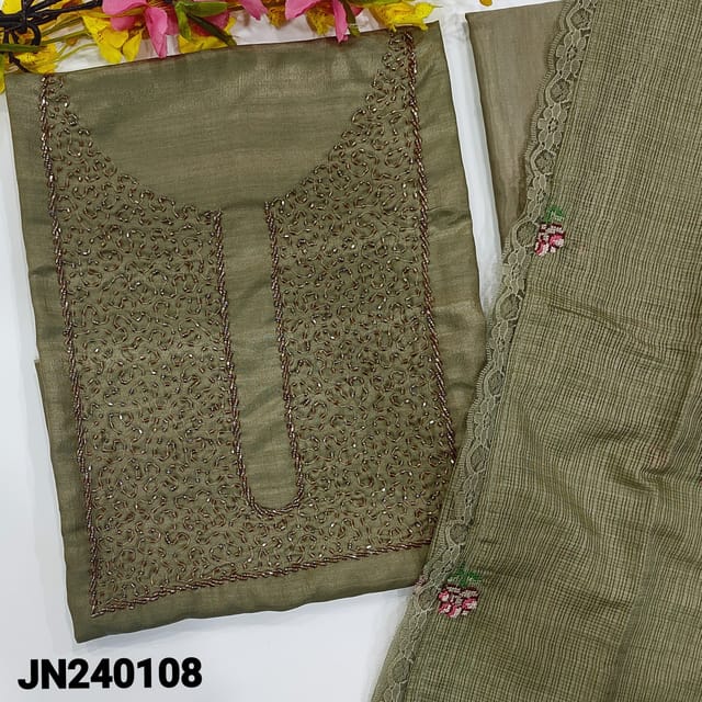 CODE JN240108 : Greenish beige fancy silk cotton unstitched salwar material, heavy bead work on yoke(silky fabric, lining needed)matching silky bottom, kota dupatta with cross stitch embroidery.