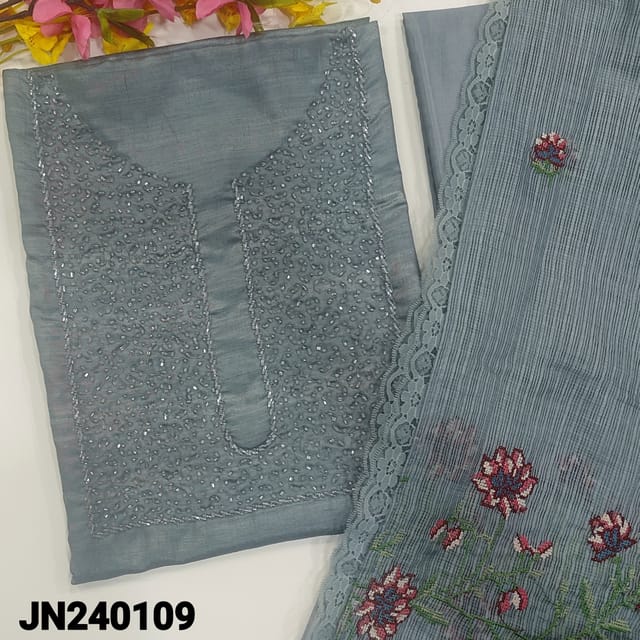 CODE JN240109 : Bluish grey fancy silk cotton unstitched salwar material, heavy bead work on yoke(silky fabric, lining needed)matching silky bottom, kota dupatta with cross stitch embroidery.
