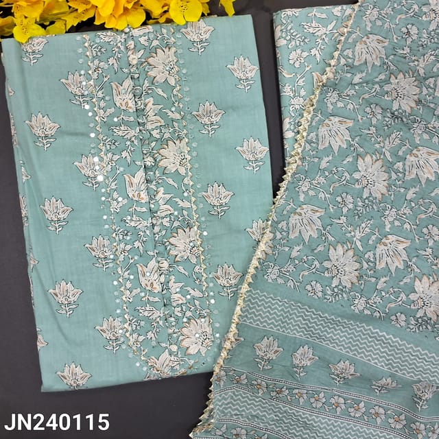 CODE JN240115 : Pastel blue soft cotton unstitched salwar material, potli buttons with faux mirror work on yoke, printed all over(lining optional)printed cotton bottom, crinkled soft pure cotton dupatta with kota lace tapings.