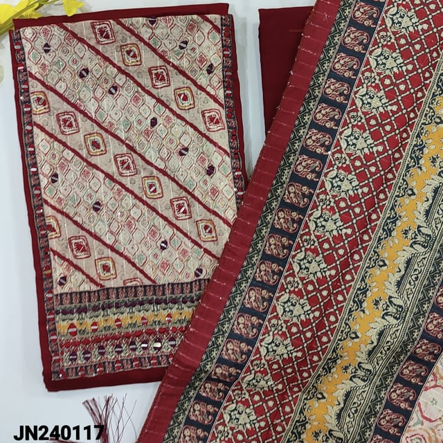 CODE JN240117 : Reddish maroon satin cotton unstitched salwar material, contrast yoke patch with real mirror work(lining optional)matching cotton bottom, digital printed fancy silk cotton dupatta with tassels.