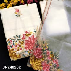 CODE JN240202 : Half white soft silk cotton unstitched salwar material, embroidered on front(thin fabric, lining needed)rich embroidered with cut work edges on daman, matching santoon bottom, fancy organza dupatta with embroidery& cutwork edges.