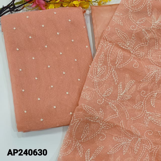 CODE AP240630 : Pastel peach noil fabric unstitched salwar material,thread embroidery work on front(thin,lining needed)matching silky fabric provided for both bottom and lining,embroidered noil dupatta with tapings.