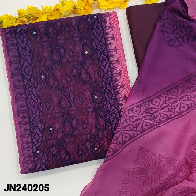 CODE JN240205 : Pink with purple super net unstitched salwar material, block printed all over, faux mirror work on front, panel pattern(netted fabric, lining needed)Dark purple cotton bottom, block printed dual shaded chiffon dupatta.