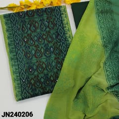 CODE JN240206 : Light green with dark green super net unstitched salwar material, block printed all over, faux mirror work on front, panel pattern(netted fabric, lining needed)Dark green silk cotton bottom, block printed dual shaded chiffon dupatta