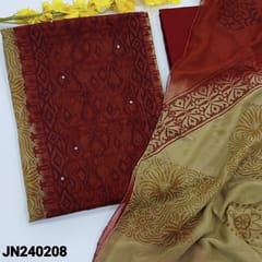 CODE JN240208 : Beige with reddish maroon super net unstitched salwar material, block printed all over, faux mirror work on front, panel pattern(netted fabric, lining needed)Reddish maroon cotton bottom, block printed dual shaded chiffon dupatta