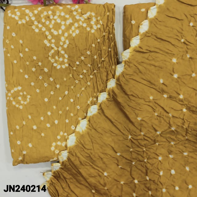 CODE JN240214 : Fenugreek yellow pure cotton unstitched salwar material, original bandhani work all over (lining needed)matching original bandhini pure cotton bottom,bandhani dupatta with cut work edges