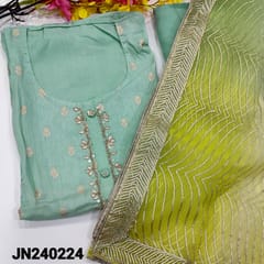 CODE JN240224 : Designer pastel blue pure dola unstitched salwar material, rich work on yoke, zari woven buttas on front(thin, lining needed)matching santoon bottom, dual shaded organza dupatta with kota lace work &tapings.