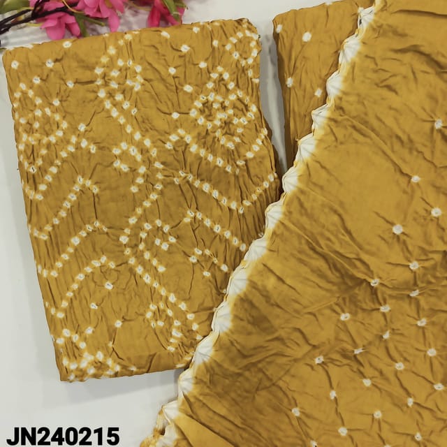CODE JN240215 : Fenugreek yellow pure cotton unstitched salwar material, original bandhani work all over (lining needed)matching original bandhini pure cotton bottom,bandhani dupatta with cut work edges