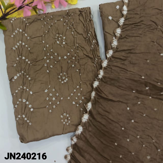 CODE JN240216 : Beige pure cotton unstitched salwar material, original bandhani work all over (lining needed)matching original bandhini pure cotton bottom,bandhani dupatta with cut work edges