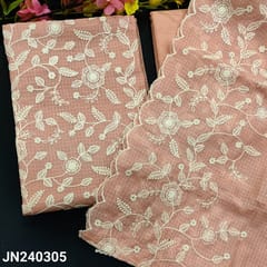 CODE JN240305 : Pastel peach kota unstitched salwar material, rich embroidered on panel design(thin fabric, lining needed)matching drum dyed pure cotton bottom, embroidered dupatta with cut work edges.