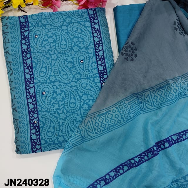 CODE JN240328 : Blue& grey fancy georgette unstitched salwar material, block printed all over, faux mirror work on front(thin fabric, lining needed)blue silk cotton bottom, block printed dual shaded chiffon dupatta.