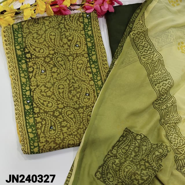 CODE JN240327 : Mossy green& yellow fancy georgette unstitched salwar material, block printed all over, faux mirror work on front(thin fabric, lining needed)mossy green silk cotton bottom, block printed dual shaded chiffon dupatta.