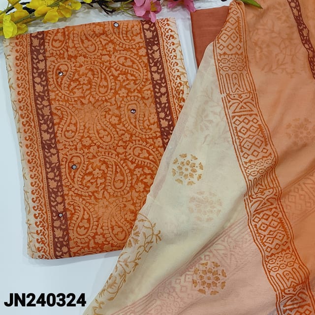 CODE JN240324 : Dark peach& pale peach fancy georgette unstitched salwar material, block printed all over, faux mirror work on front(thin fabric, lining needed)mossy green silk cotton bottom, block printed dual shaded chiffon dupatta.