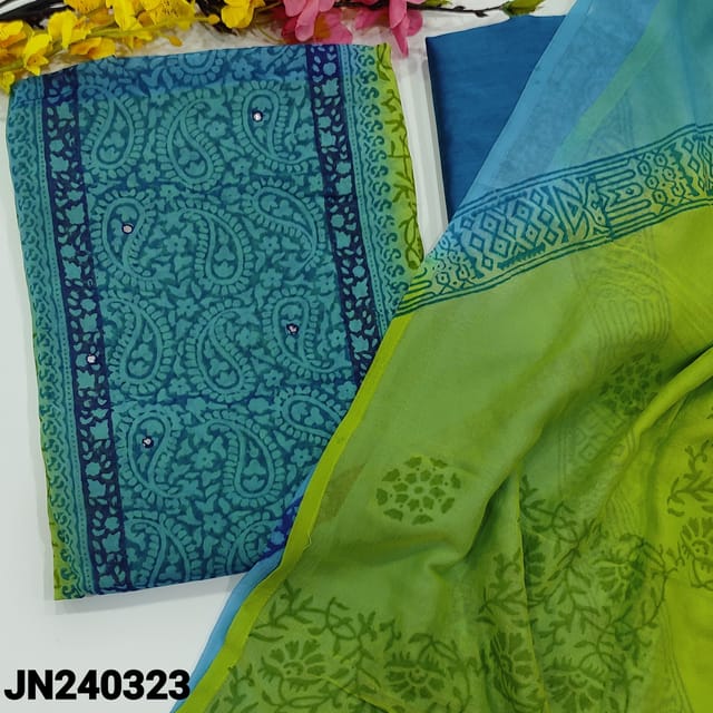 CODE JN240323 : Blue& green fancy georgette unstitched salwar material, block printed all over, faux mirror work on front(thin fabric, lining needed)blue silk cotton bottom, block printed dual shaded chiffon dupatta.