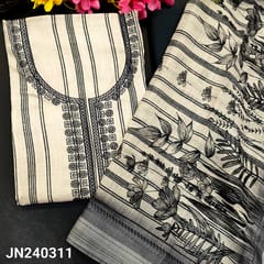 CODE JN240311 : Light grey soft spun cotton unstitched salwar material, embroidered on yoke, vertical printed all over(lining optional)dark grey bottom, floral semi linen dupatta with silver tissue borders.