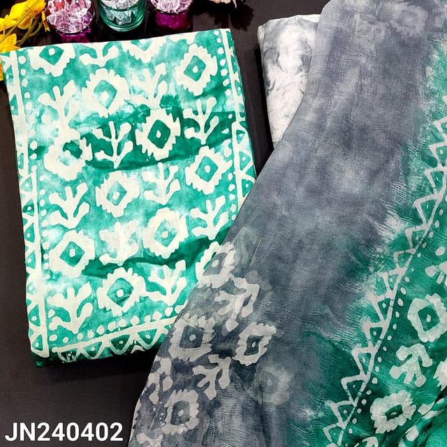CODE JN240402 : Light &dark turquoise green original wax batik satin cotton unstitched salwar material(soft fabric, lining needed)light &dark grey batik dyed pure cotton bottom, batik dyed dual shaded pure chiffon dupatta(REQUIRES TAPINGS).