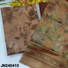 CODE JN240410 : Designer Copper pink with golden tint tissue kota silk cotton unstitched salwar material,buttons on yoke,floral printed all over(thin,lining needed)matching silk cotton bottom, crinkled tissue silk cotton dupatta with zari woven borders.