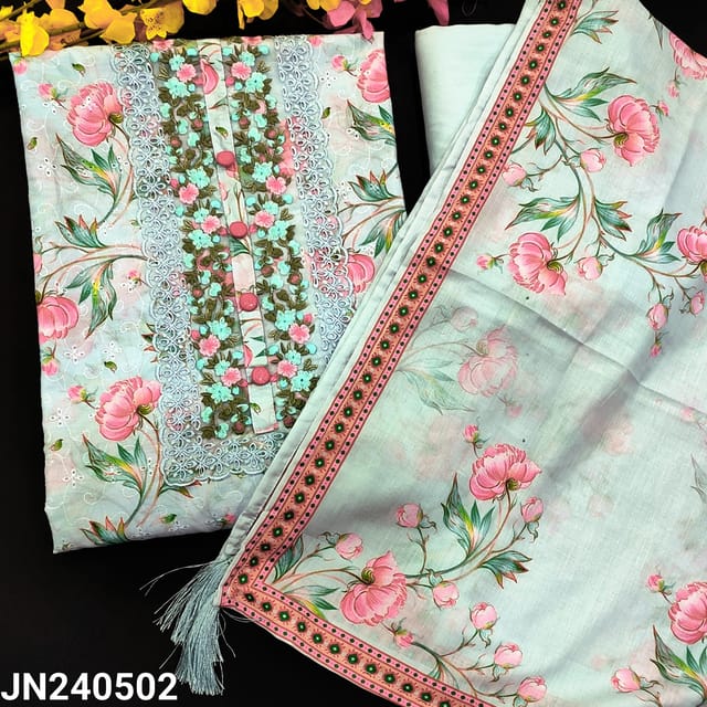 CODE JN240502 : Pastel blue glazed cotton unstitched salwar material, schiffli work on front, embroidered& cut work on yoke, floral printed all over(thin , lining needed)matching bottom, short width digital printed soft silk cotton dupatta with borders.