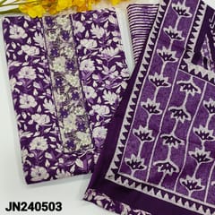 CODE JN240503 : Purple base soft cotton unstitched salwar material, thread, zari& sequins work on yoke, floral printed all over(lining optional)printed cotton bottom, printed pure cotton dupatta with tapings.