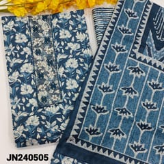 CODE JN240505 : Dark blue base soft cotton unstitched salwar material, thread, zari& sequins work on yoke, floral printed all over(lining optional)printed cotton bottom, printed pure cotton dupatta with tapings.