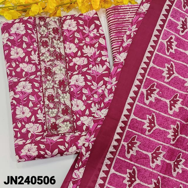 CODE JN240506 : Dark pink base soft cotton unstitched salwar material, thread, zari& sequins work on yoke, floral printed all over(lining optional)printed cotton bottom, printed pure cotton dupatta with tapings.