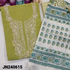 CODE JN240615 : Light cardamom green pure textured cotton unstitched salwar material, embroidered on yoke(lining optional)pale green textured cotton bottom, block printed fancy soft silk cotton dupatta with tassels.