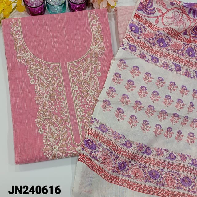 CODE JN240616 : Pastel pink pure textured cotton unstitched salwar material, embroidered on yoke(lining optional)pale pink textured cotton bottom, block printed fancy soft silk cotton dupatta with tassels.