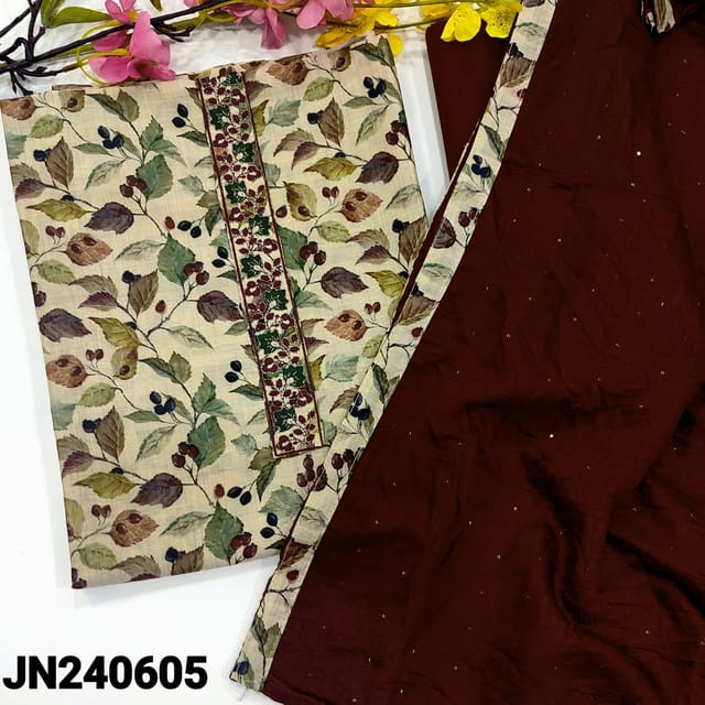 CODEJN240605 : Beige base leafy digital printed silk cotton unstitched salwar material, embroidered yoke(lining optional)dark maroon cotton bottom, soft silk cotton dupatta with sequins work & tapings.