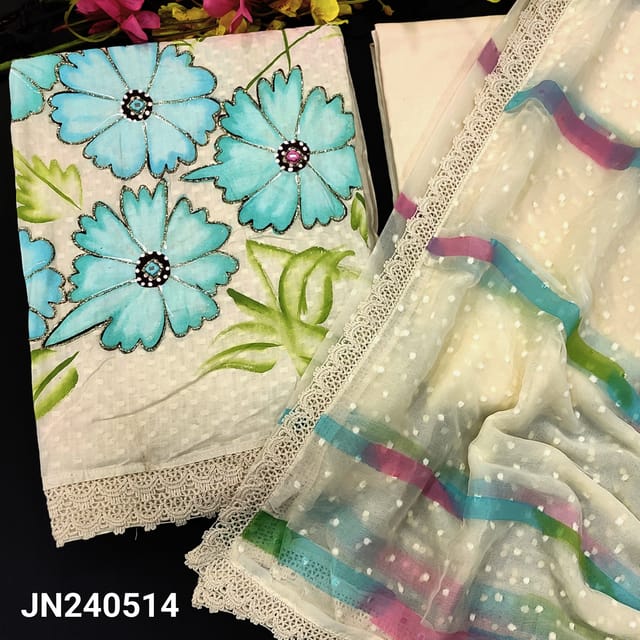 CODE JN240514 : Half white jakard cotton unstitched salwar material,embroidered &sequins work on yoke,blue floral printed on front(thin,lining needed)lace work on daman,matching cotton lining provided, NO BOTTOM, jakard chiffon dupatta with lace tapings.
