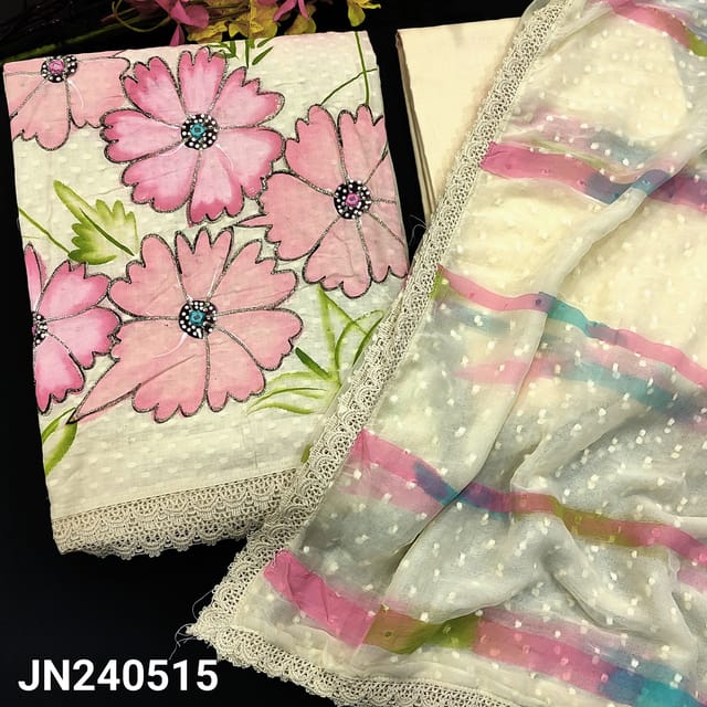 CODE JN240515 : Half white jakard cotton unstitched salwar material,embroidered &sequins work on yoke,pink floral printed on front(thin,lining needed)lace work on daman,matching cotton lining provided, NO BOTTOM, jakard chiffon dupatta with lace tapings.