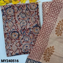 CODE JN240516 : Reddish maroon base kalamkari block printed unstitched salwar material(lining optional)block printed cotton bottom, block printed mul cotton dupatta (REQUIRES TAPINGS).