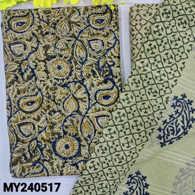 CODE JN240517 : Dark olive green base kalamkari block printed unstitched salwar material(lining optional)block printed cotton bottom, block printed mul cotton dupatta (REQUIRES TAPINGS).